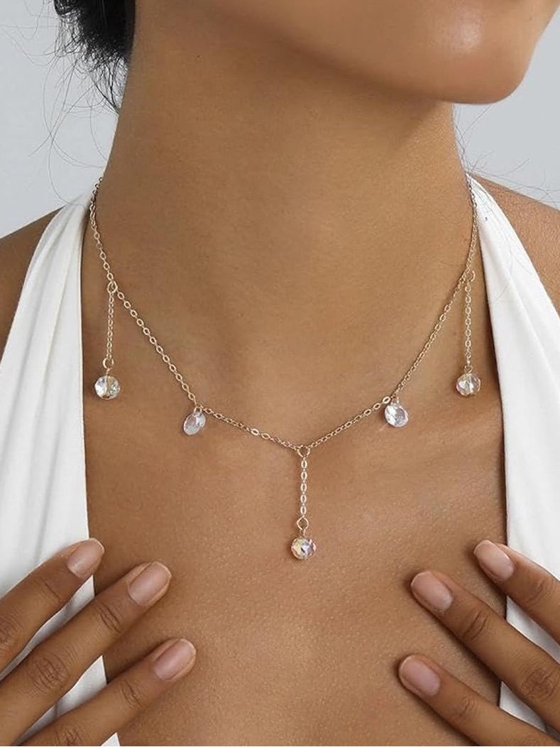 Anthropologie Gold Necklace With White Crystal Drops